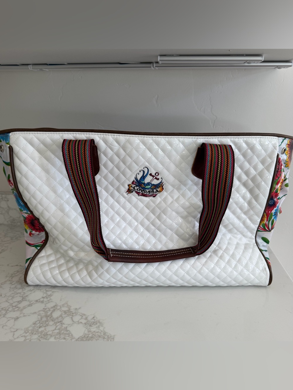 Consuela HUGE White Tote Bag Tropical Floral Orange Striped Inside Broken Zipper